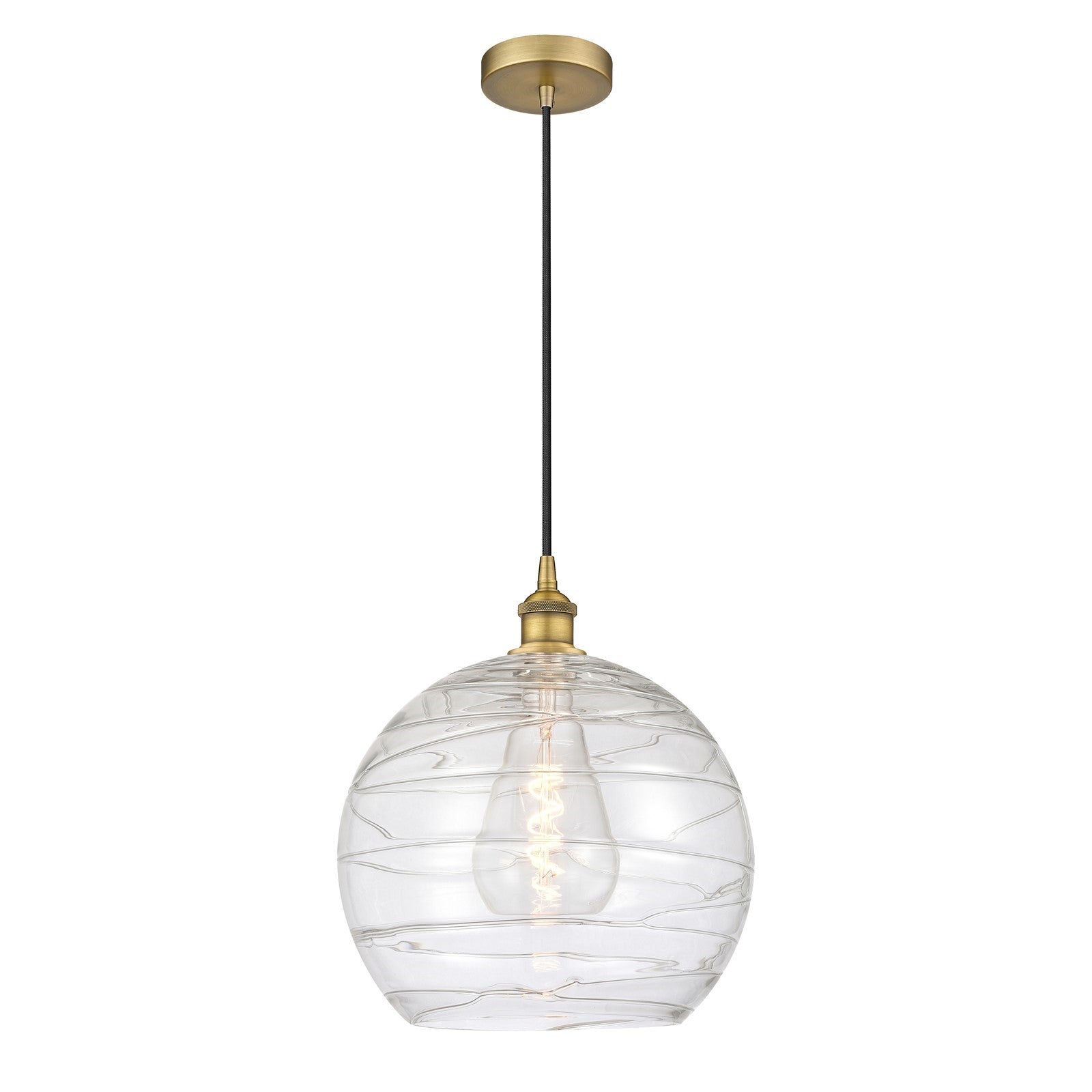 Innovations Athens Deco Swirl 14in 1-Light Mini Pendant | Industrial Brushed Brass and Clear Deco Swirl Glass | Kitchen | Model 616-1P-BB-G1213-14CL