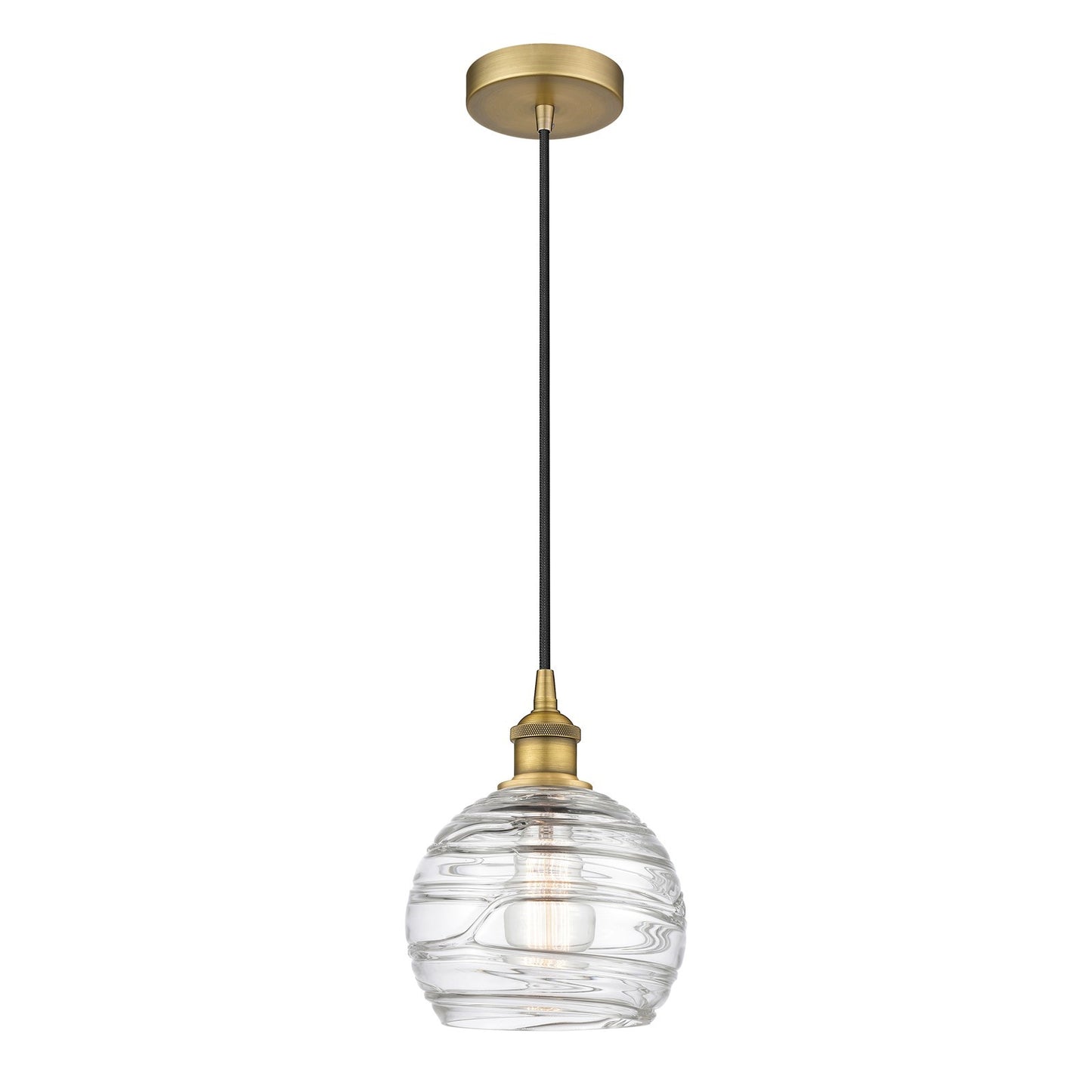 Innovations Athens Deco Swirl 8in 1-Light Mini Pendant | Industrial Brushed Brass and Clear Deco Swirl Glass | Kitchen Island | Model 616-1P-BB-G1213-8CL