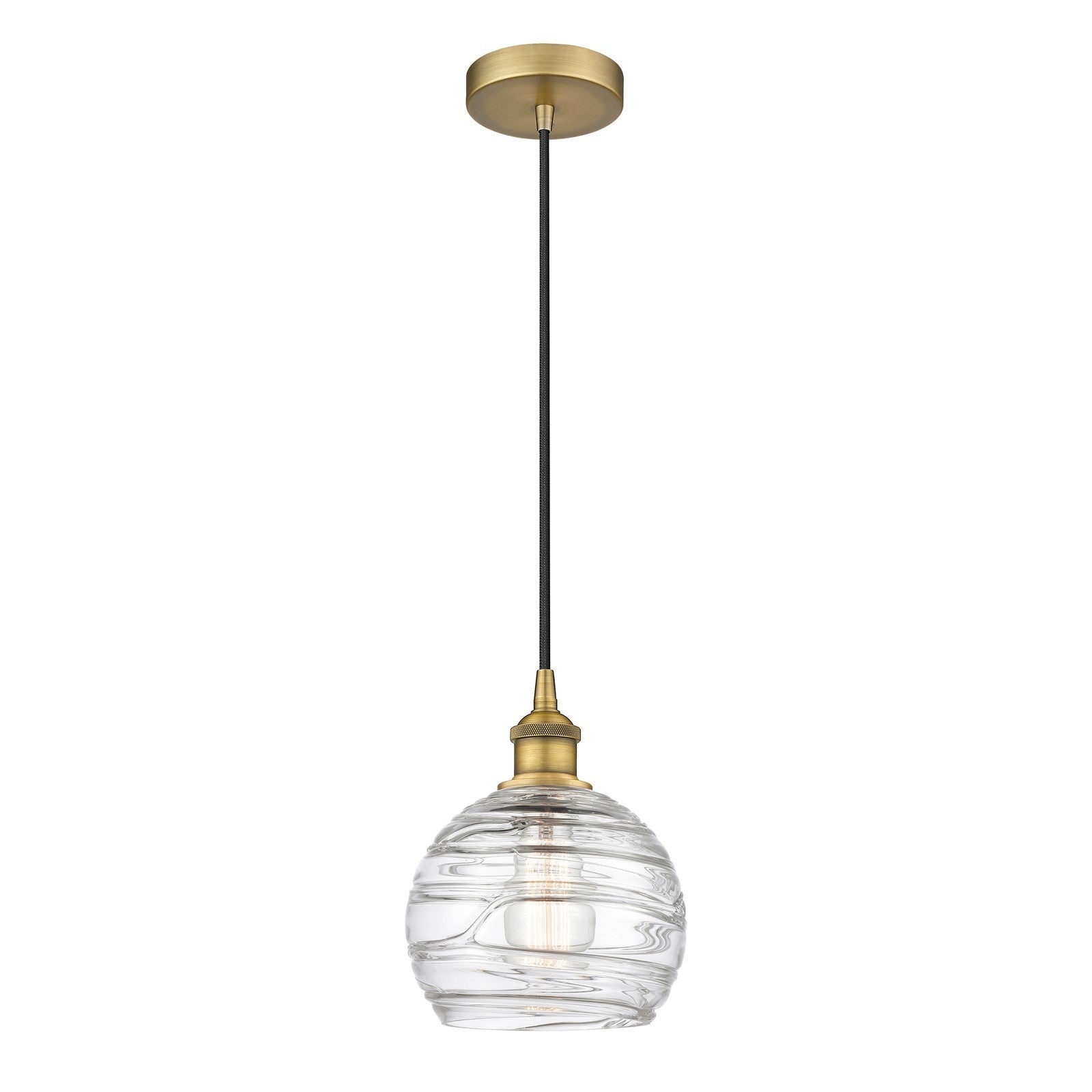 Innovations Athens Deco Swirl 8in 1-Light Mini Pendant | Industrial Brushed Brass and Clear Deco Swirl Glass | Kitchen Island | Model 616-1P-BB-G1213-8CL
