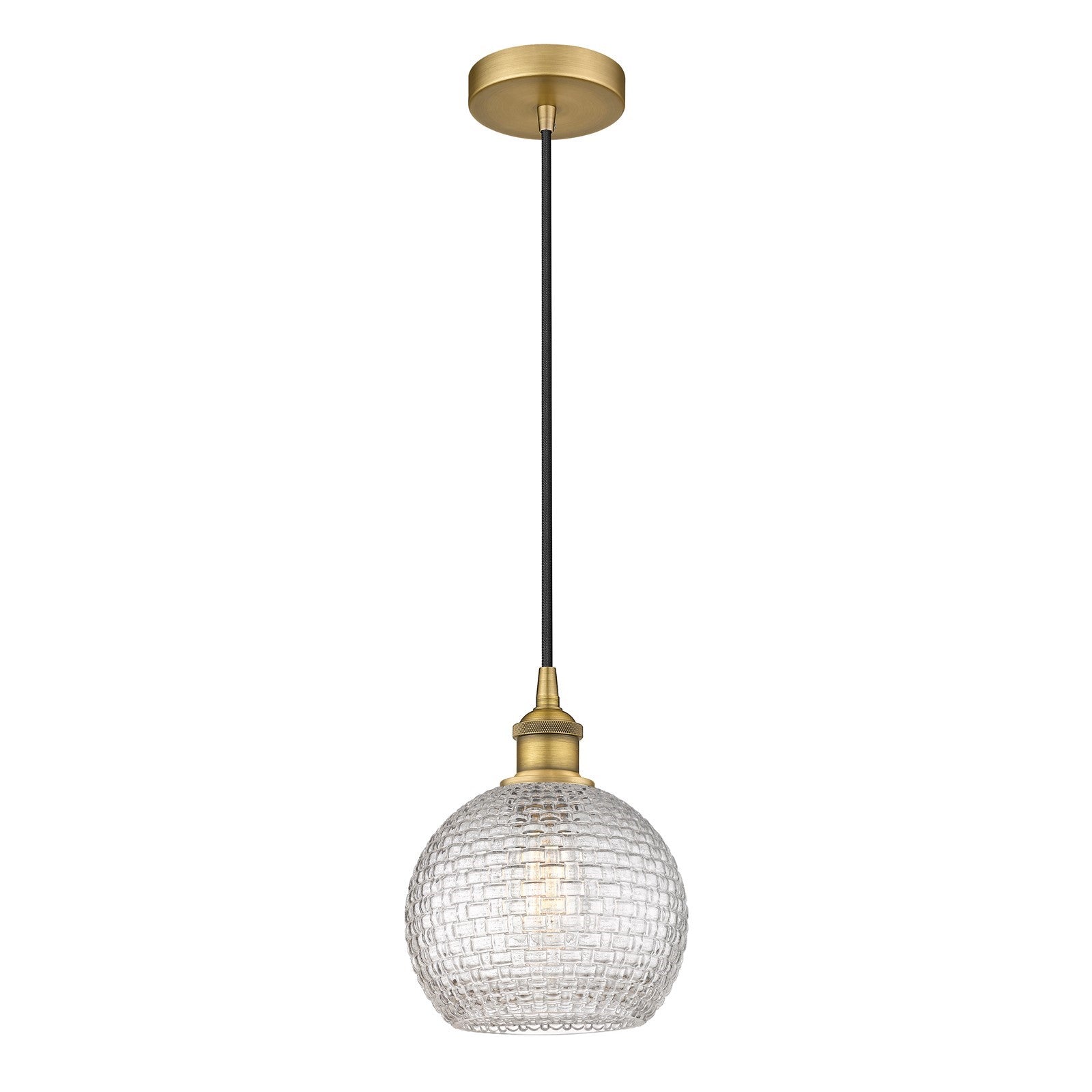 Innovations Athens 8in 1-Light Mini Pendant | Modern Farmhouse Brushed Brass and Clear Basket Weave Glass | Kitchen Island & | Model 616-1P-BB-G122C-8CL