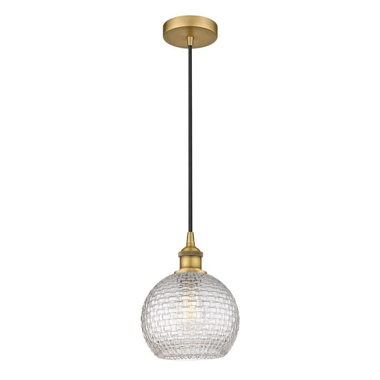 Innovations Athens 8in 1-Light Mini Pendant | Modern Farmhouse Brushed Brass and Clear Basket Weave Glass | Kitchen Island & | Model 616-1P-BB-G122C-8CL