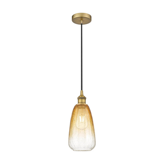 Innovations Brookhaven Almond 6in 1-Light Mini Pendant | Industrial Brushed Brass and Amber Glass | Kitchen Island & Dining | Model 616-1P-BB-G480-6AM