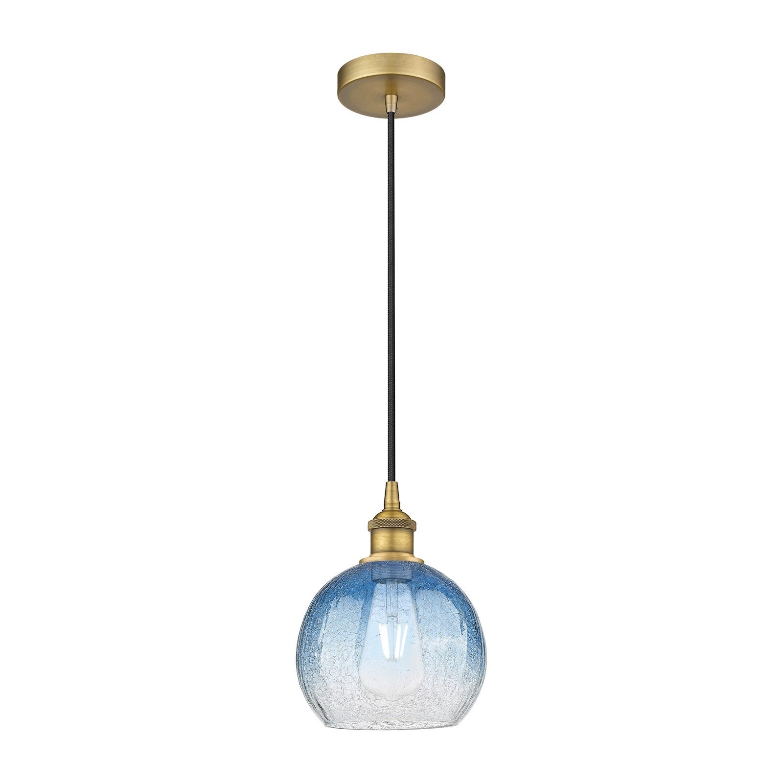 Innovations Brookhaven Globe 8in 1-Light Mini Pendant | Industrial Brushed Brass and Sapphire Blue Glass | Kitchen Island & | Model 616-1P-BB-G483-8SB