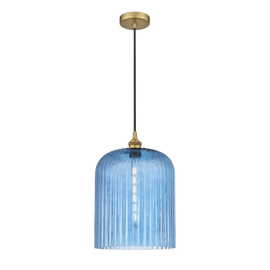 Innovations Bridal Veil 5in 1-Light Mini Pendant | Art Nouveau Brushed Brass and Princess Blue Ribbed Glass | Kitchen Island & | Model 616-1P-BB-G559-12BL
