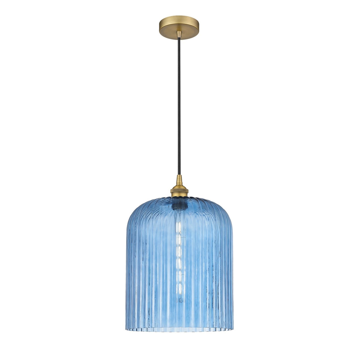 Innovations Bridal Veil 5in 1-Light Mini Pendant | Art Nouveau Brushed Brass and Princess Blue Ribbed Glass | Kitchen Island & | Model 616-1P-BB-G559-12BL