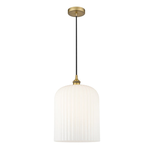 Innovations Bridal Veil 5in 1-Light Mini Pendant | Art Nouveau Brushed Brass and Gloss White Ribbed Glass | Kitchen Island & | Model 616-1P-BB-G559-12GWH