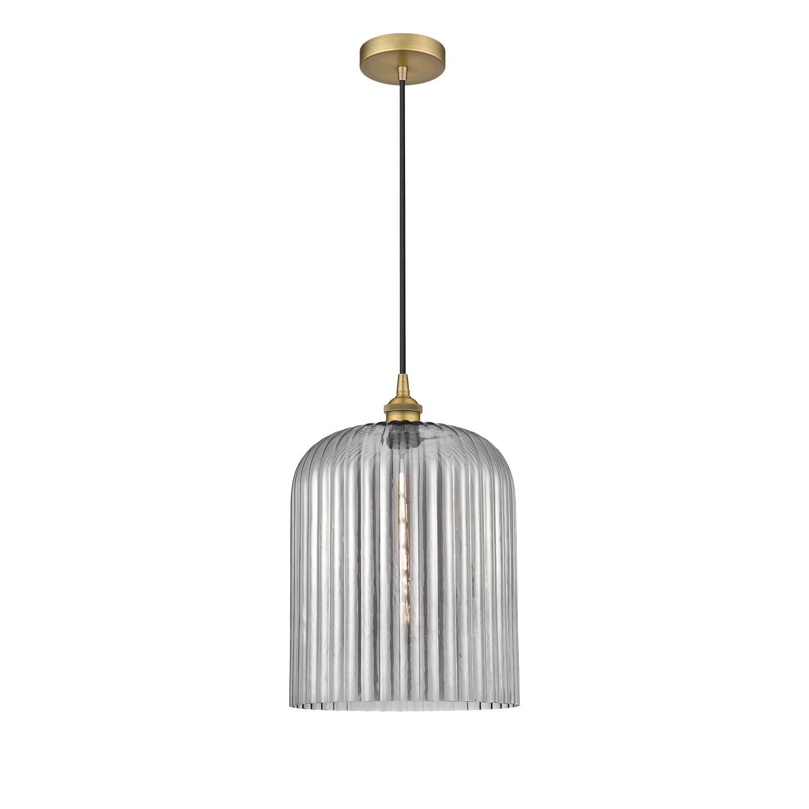 Innovations Bridal Veil 5in 1-Light Mini Pendant | Art Nouveau Brushed Brass and Light Smoke Ribbed Glass | Kitchen Island & | Model 616-1P-BB-G559-12SM