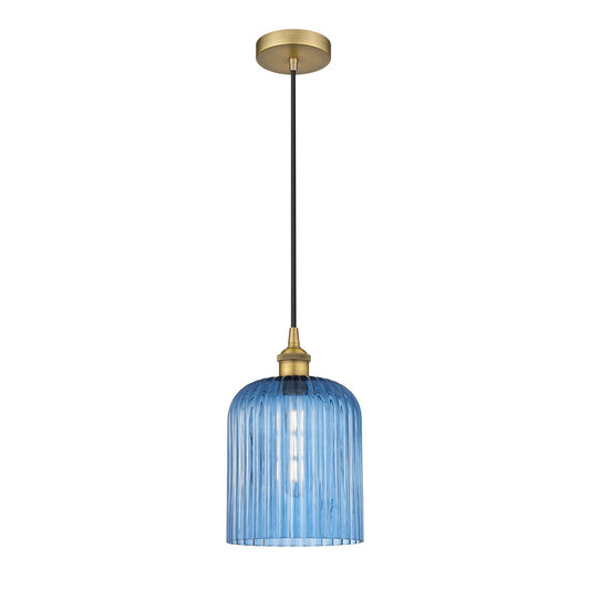 Innovations Bridal Veil 5in 1-Light Mini Pendant | Art Nouveau Brushed Brass and Princess Blue Ribbed Glass | Kitchen Island & | Model 616-1P-BB-G559-8BL