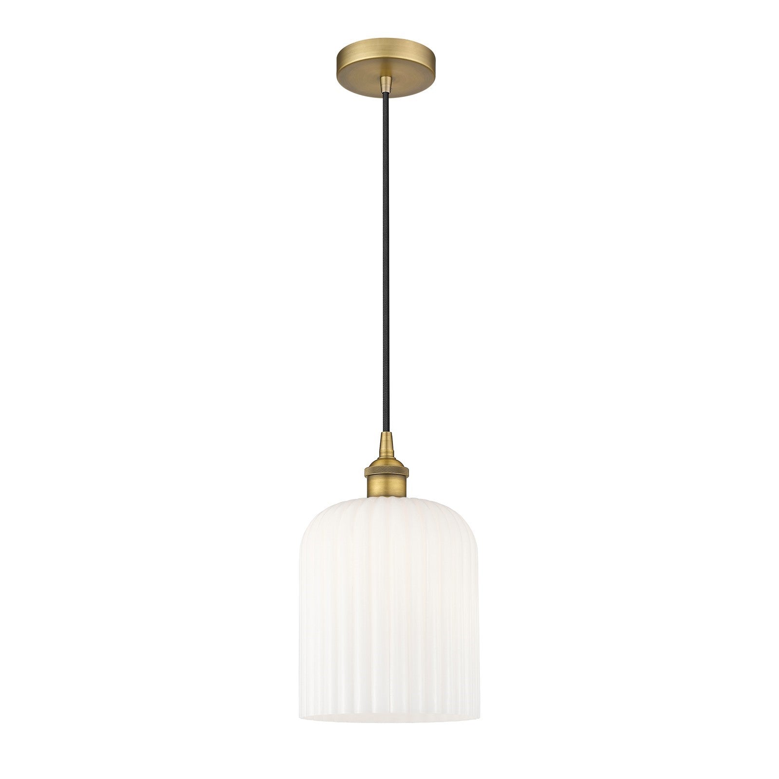 Innovations Bridal Veil 5in 1-Light Mini Pendant | Art Nouveau Brushed Brass and Gloss White Ribbed Glass | Kitchen Island & | Model 616-1P-BB-G559-8GWH