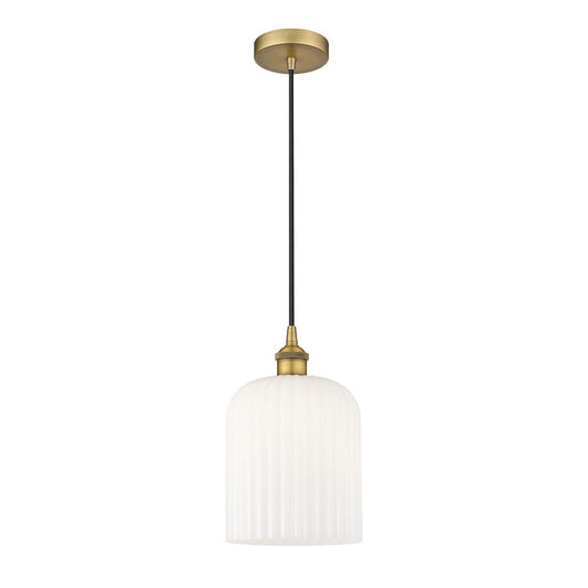Innovations Bridal Veil 5in 1-Light Mini Pendant | Art Nouveau Brushed Brass and Gloss White Ribbed Glass | Kitchen Island & | Model 616-1P-BB-G559-8GWH