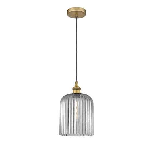 Innovations Bridal Veil 5in 1-Light Mini Pendant | Art Nouveau Brushed Brass and Light Smoke Ribbed Glass | Kitchen Island & | Model 616-1P-BB-G559-8SM