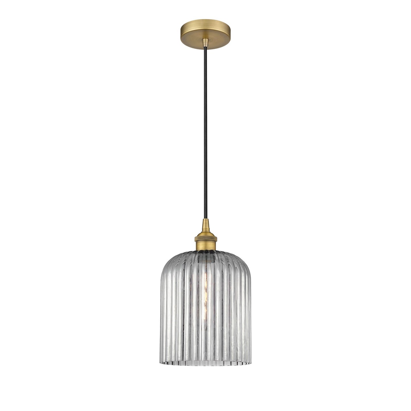 Innovations Bridal Veil 5in 1-Light Mini Pendant | Art Nouveau Brushed Brass and Light Smoke Ribbed Glass | Kitchen Island & | Model 616-1P-BB-G559-8SM