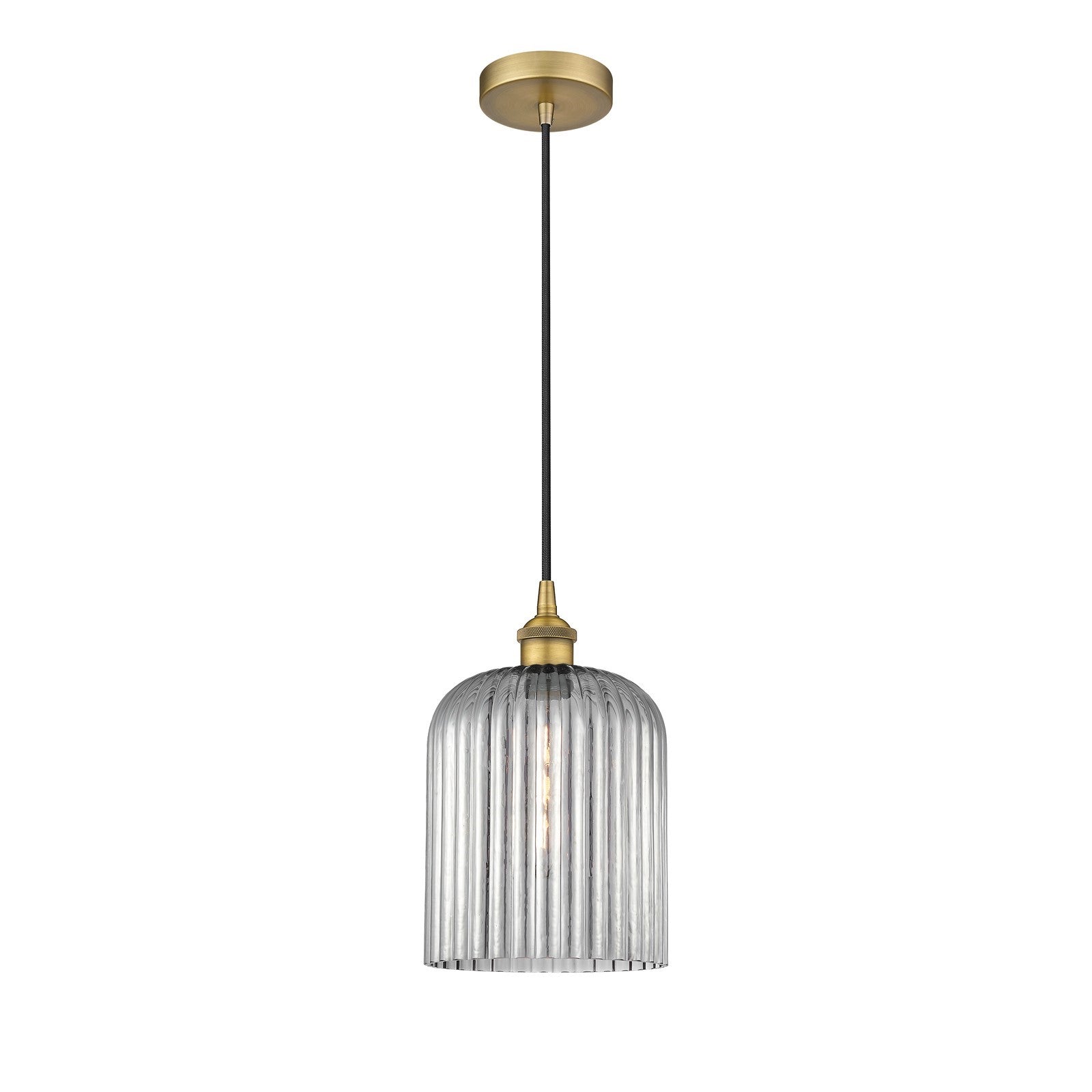 Innovations Bridal Veil 5in 1-Light Mini Pendant | Art Nouveau Brushed Brass and Light Smoke Ribbed Glass | Kitchen Island & | Model 616-1P-BB-G559-8SM