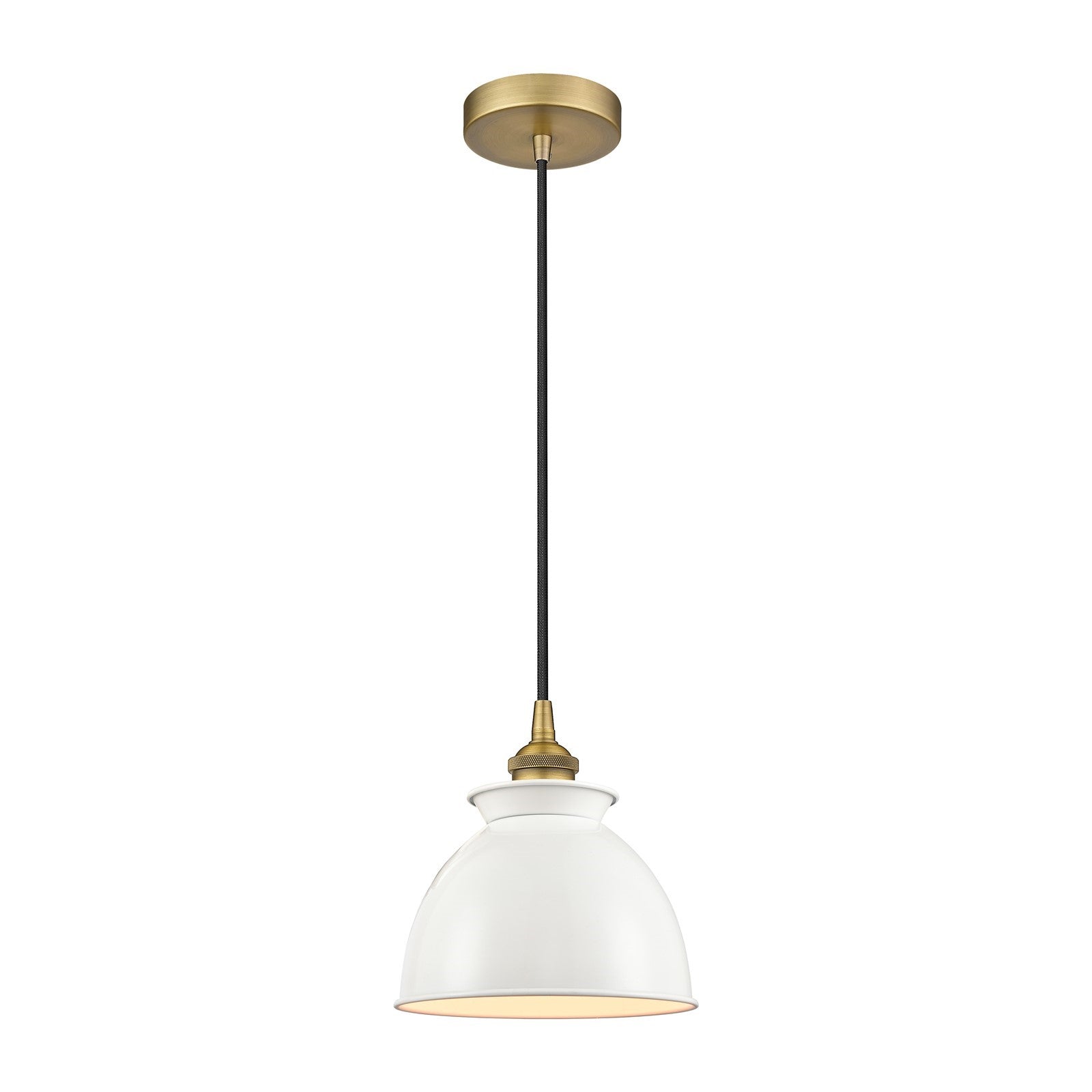 Innovations Adirondack 8.25in 1-Light Mini Pendant | Industrial Brushed Brass and Glossy White Metal Shade | Kitchen Island & | Model 616-1P-BB-M14-W
