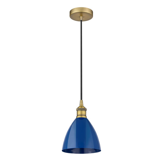 Innovations Plymouth 8in 1-Light Mini Pendant | Industrial Farmhouse Brushed Brass and Matte Blue Metal | Kitchen Island & | Model 616-1P-BB-MBD-75-BL-LED