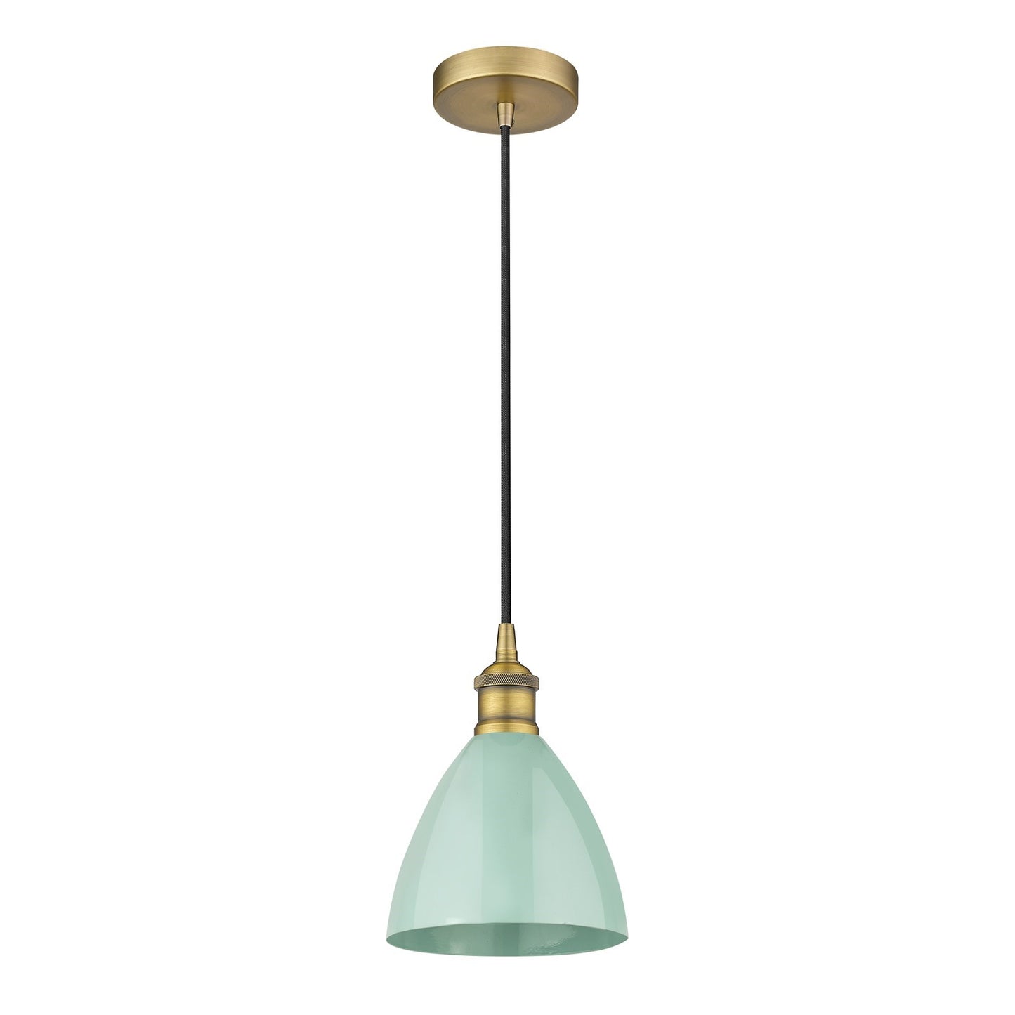 Innovations Plymouth 1-Light 7.5in Mini Pendant | Industrial Farmhouse Brushed Brass and Matte Seafoam Metal Shade | Model 616-1P-BB-MBD-75-SF-LED