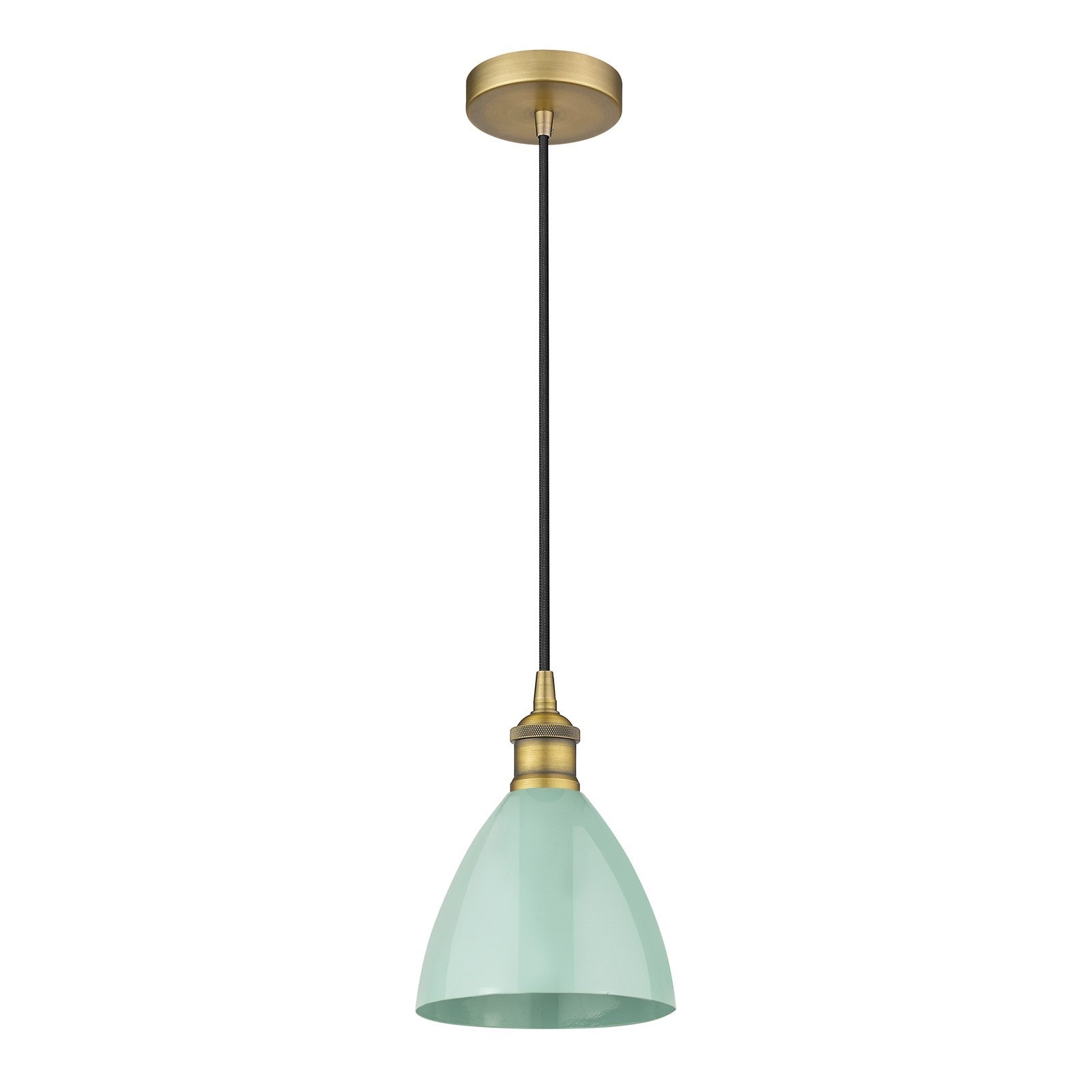 Innovations Plymouth 1-Light 7.5in Mini Pendant | Industrial Farmhouse Brushed Brass and Matte Seafoam Metal Shade | Model 616-1P-BB-MBD-75-SF-LED
