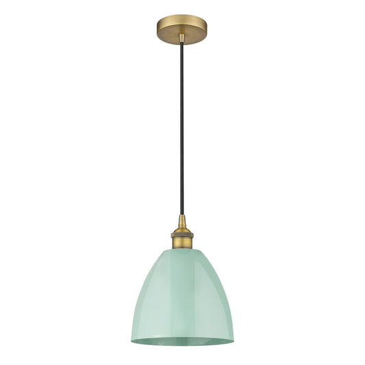Innovations Plymouth 9in 1-Light Mini Pendant | Industrial Brushed Brass Steel and Matte Seafoam Metal | Kitchen Island & | Model 616-1P-BB-MBD-9-SF-LED