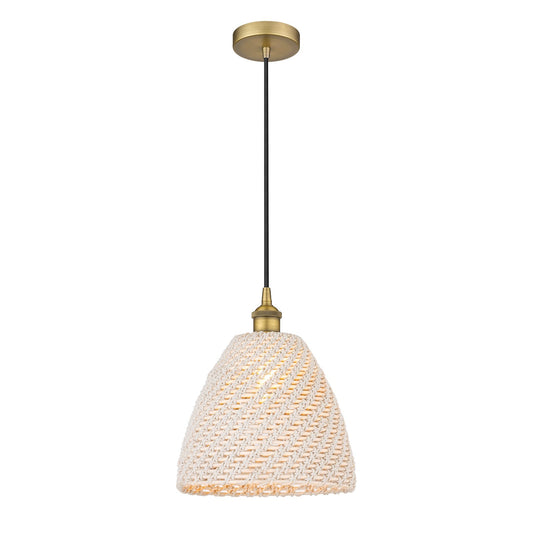 Innovations Bristol Natural 12in 1-Light Mini Pendant | Farmhouse Brushed Brass and Natural Fiber Dome Shade | Kitchen Island | Model 616-1P-BB-NBD-12-NAT
