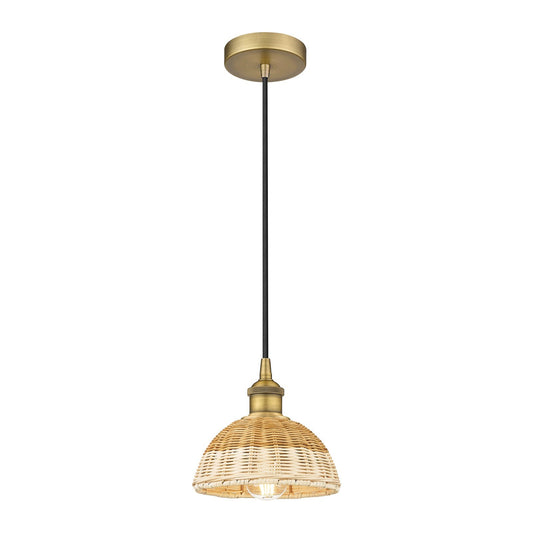 Innovations Natural Ballston Dome 7.5in 1-Light Mini Pendant | Farmhouse Brushed Brass and Natural Fiber Dome Shade | Model 616-1P-BB-NBD2-75-NAT