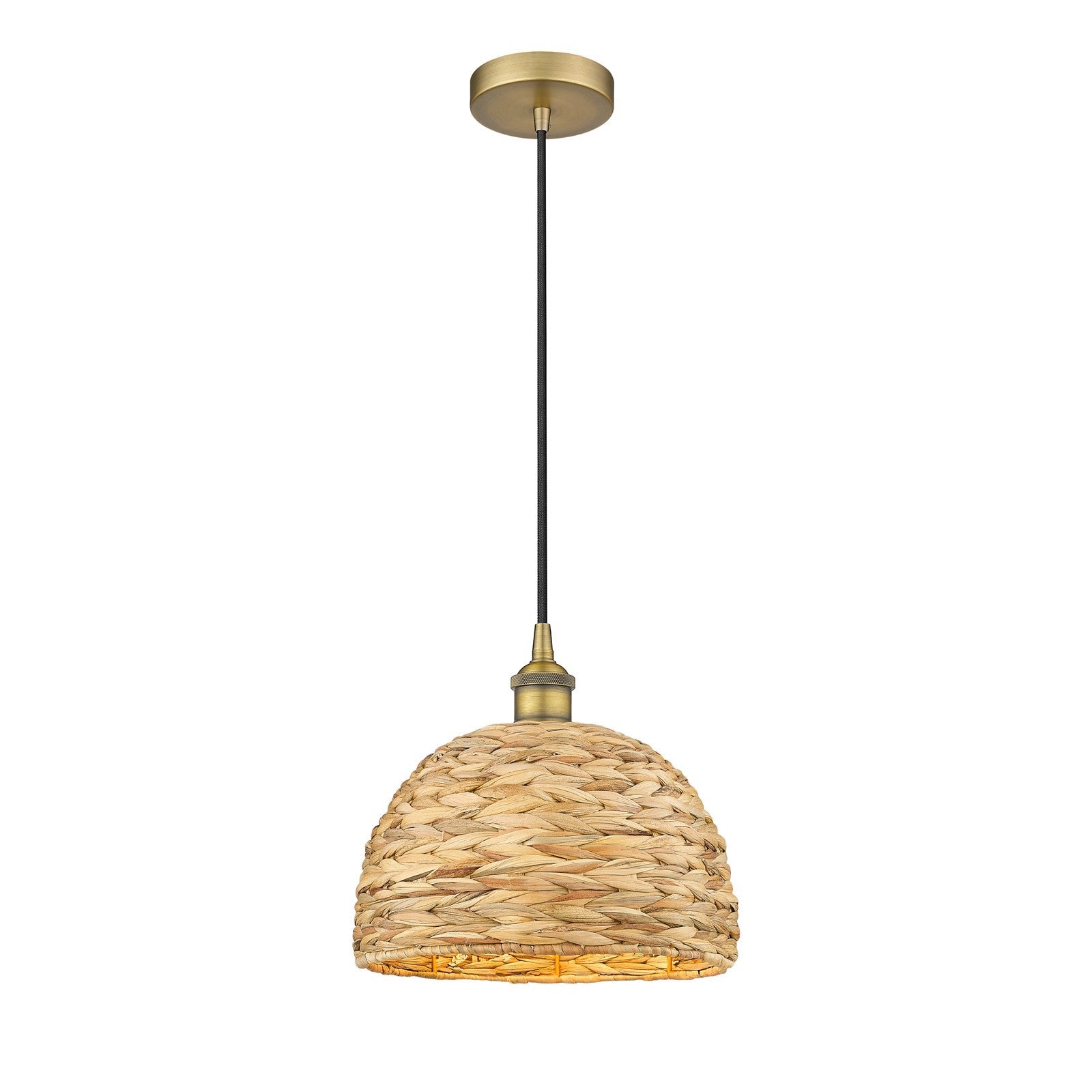 Innovations Woven Rattan 12in 1-Light Mini Pendant | Industrial Brushed Brass and Natural Fiber Dome Shade | Kitchen Island & | Model 616-1P-BB-RBD-12-NAT