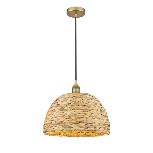 Innovations Woven Rattan 16in 1-Light Mini Pendant | Industrial Brushed Brass and Natural Fiber Dome Shade | Kitchen Island & | Model 616-1P-BB-RBD-16-NAT