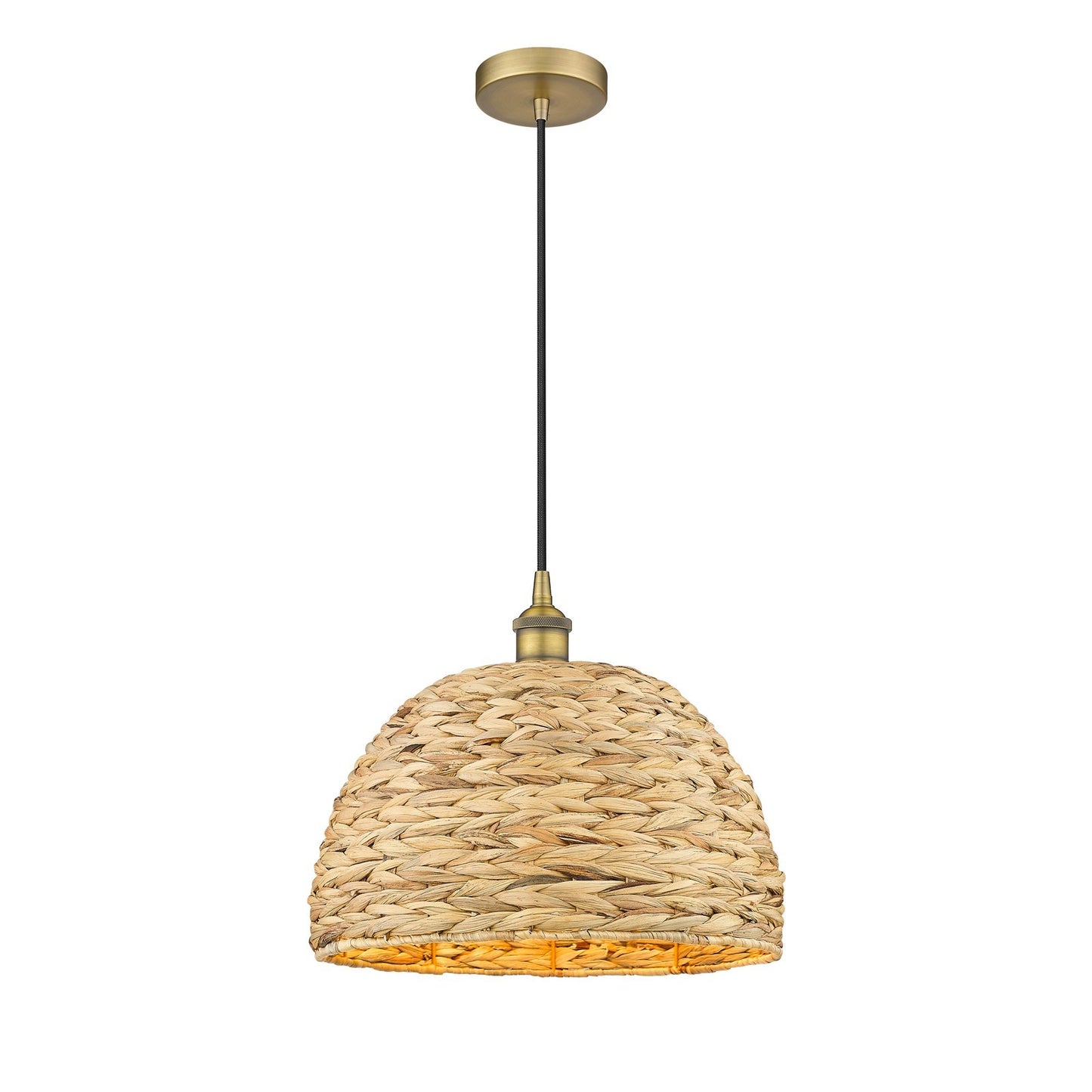 Innovations Woven Rattan 16in 1-Light Mini Pendant | Industrial Brushed Brass and Natural Fiber Dome Shade | Kitchen Island & | Model 616-1P-BB-RBD-16-NAT