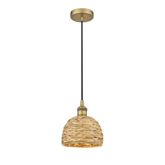 Innovations Woven Rattan 8in 1-Light Mini Pendant | Rustic Brushed Brass and Natural Woven Rattan | Kitchen Island & Dining | Model 616-1P-BB-RBD-8-NAT