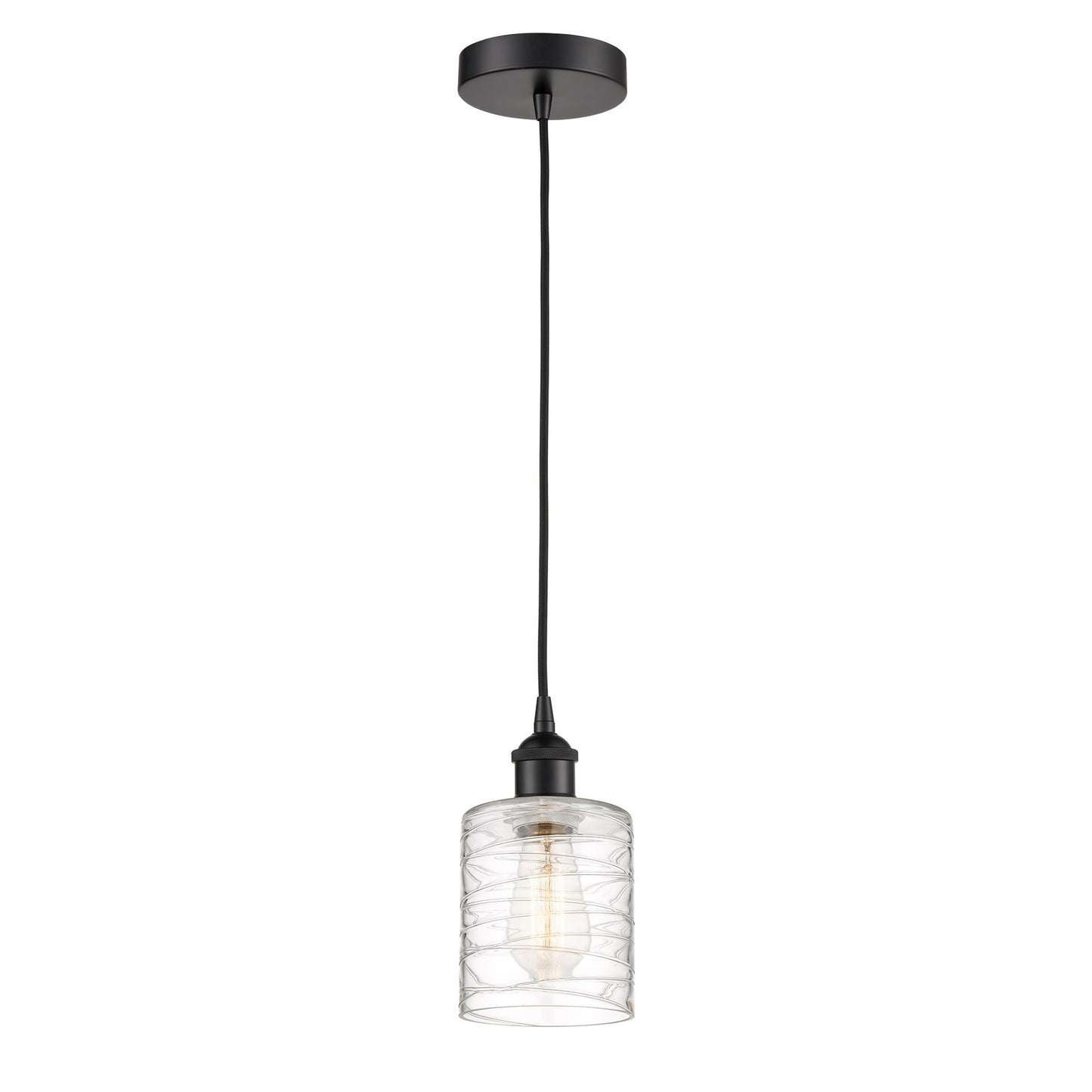 Innovations Cobbleskill 5in 1-Light Mini Pendant | Industrial Matte Black Steel and Deco Swirl Clear Glass | Kitchen Island & | Model 616-1P-BK-G1113