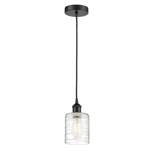 Innovations Cobbleskill 5in 1-Light Mini Pendant | Industrial Matte Black Steel and Deco Swirl Clear Glass | Kitchen Island & | Model 616-1P-BK-G1113