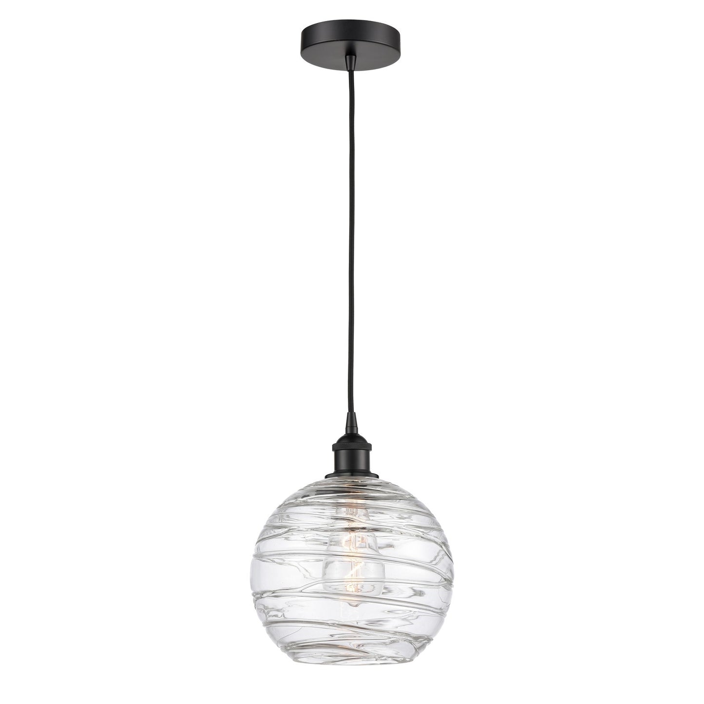 Innovations Athens Deco Swirl 10in 1-Light Mini Pendant | Industrial Matte Black Steel and Clear Deco Swirl Glass | Kitchen | Model 616-1P-BK-G1213-10CL