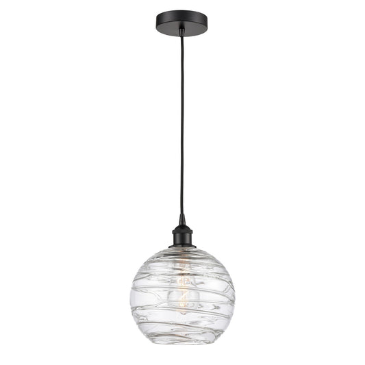 Innovations Athens Deco Swirl 10in 1-Light Mini Pendant | Industrial Matte Black Steel and Clear Deco Swirl Glass | Kitchen | Model 616-1P-BK-G1213-10CL