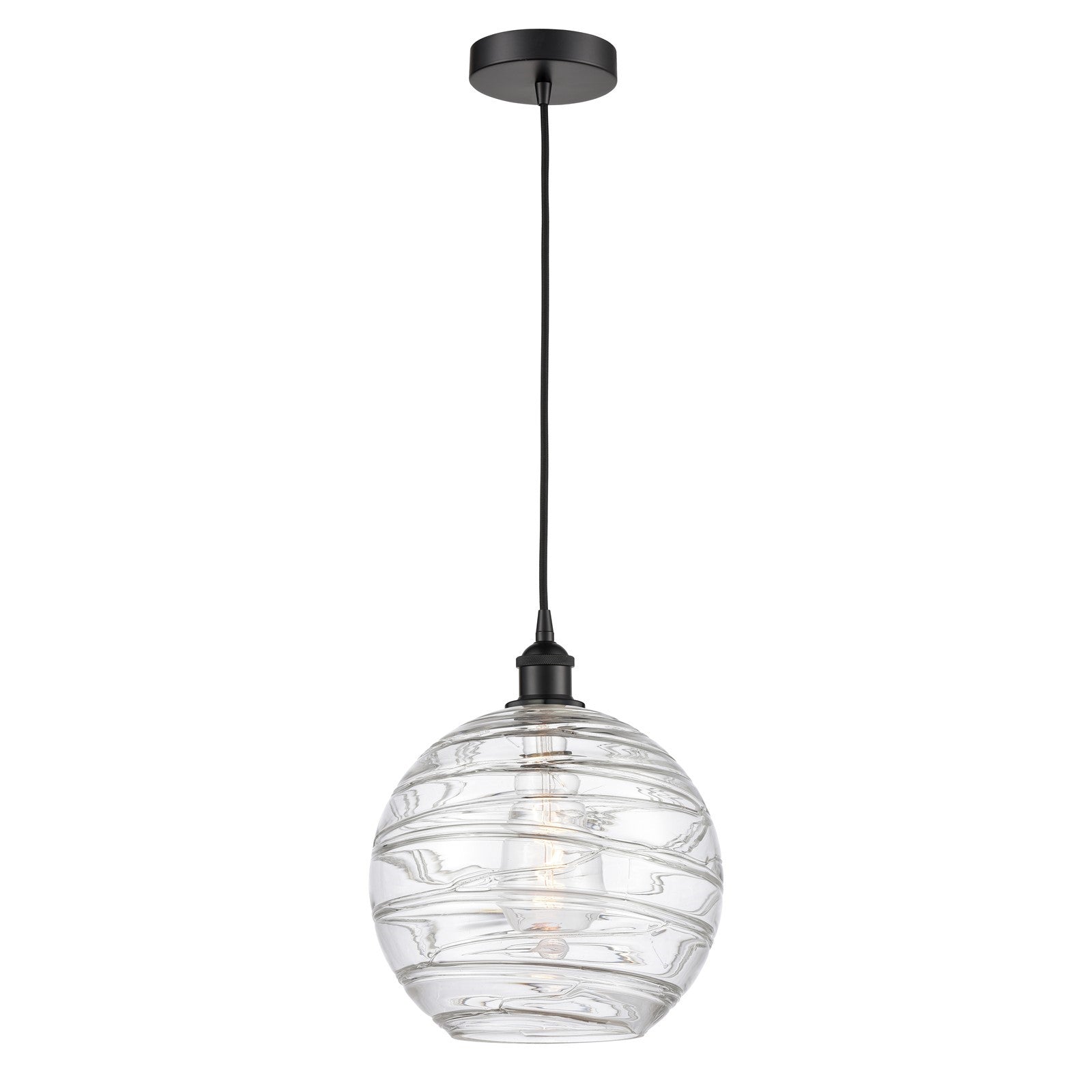 Innovations Athens Deco Swirl 12in 1-Light Mini Pendant | Industrial Matte Black Steel and Clear Deco Swirl Glass | Kitchen | Model 616-1P-BK-G1213-12CL