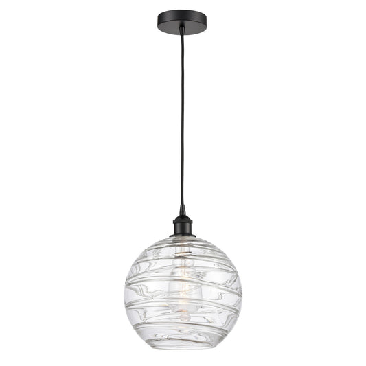 Innovations Athens Deco Swirl 12in 1-Light Mini Pendant | Industrial Matte Black Steel and Clear Deco Swirl Glass | Kitchen | Model 616-1P-BK-G1213-12CL