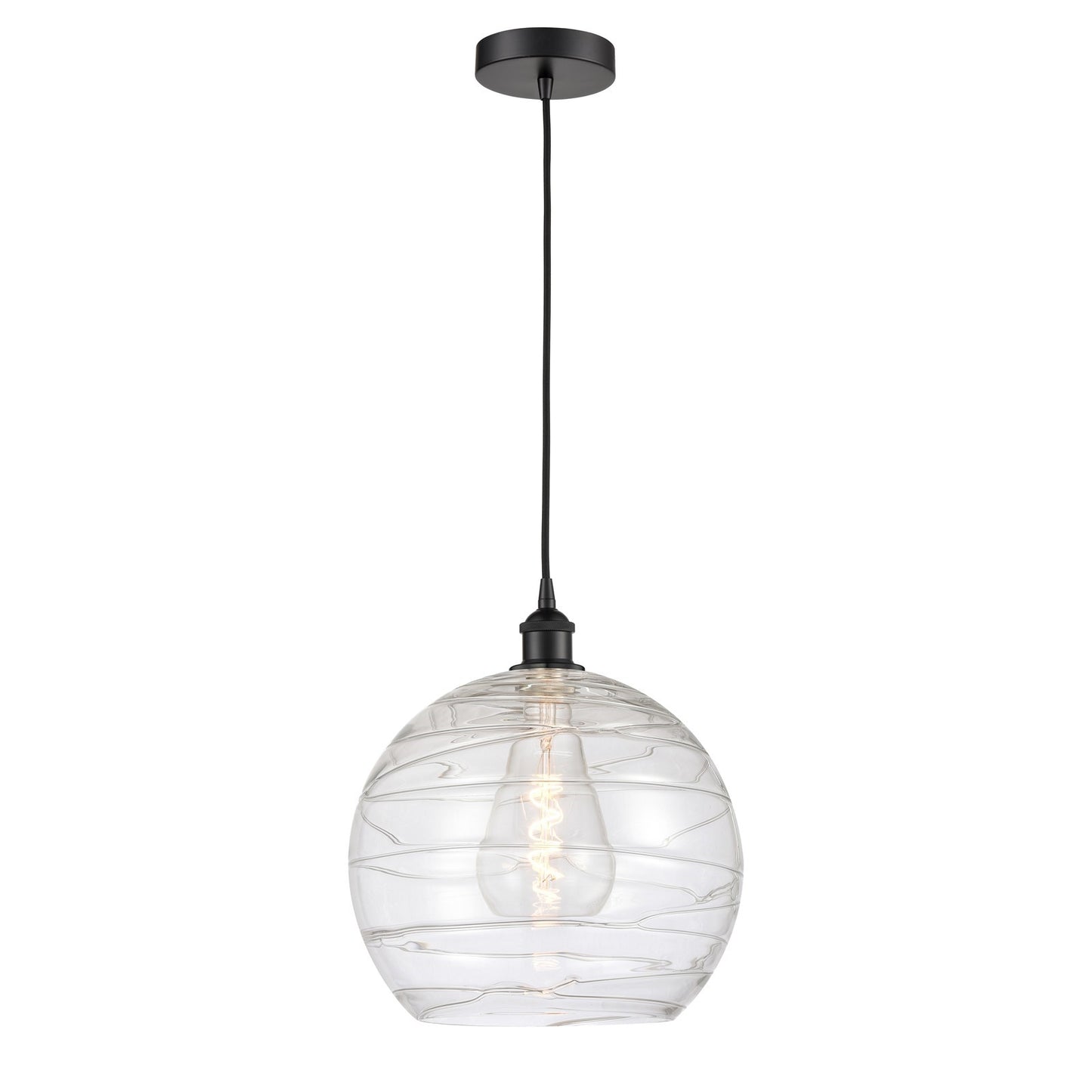 Innovations Athens Deco Swirl 14in 1-Light Mini Pendant | Industrial Matte Black Steel and Clear Deco Swirl Glass | Kitchen | Model 616-1P-BK-G1213-14CL