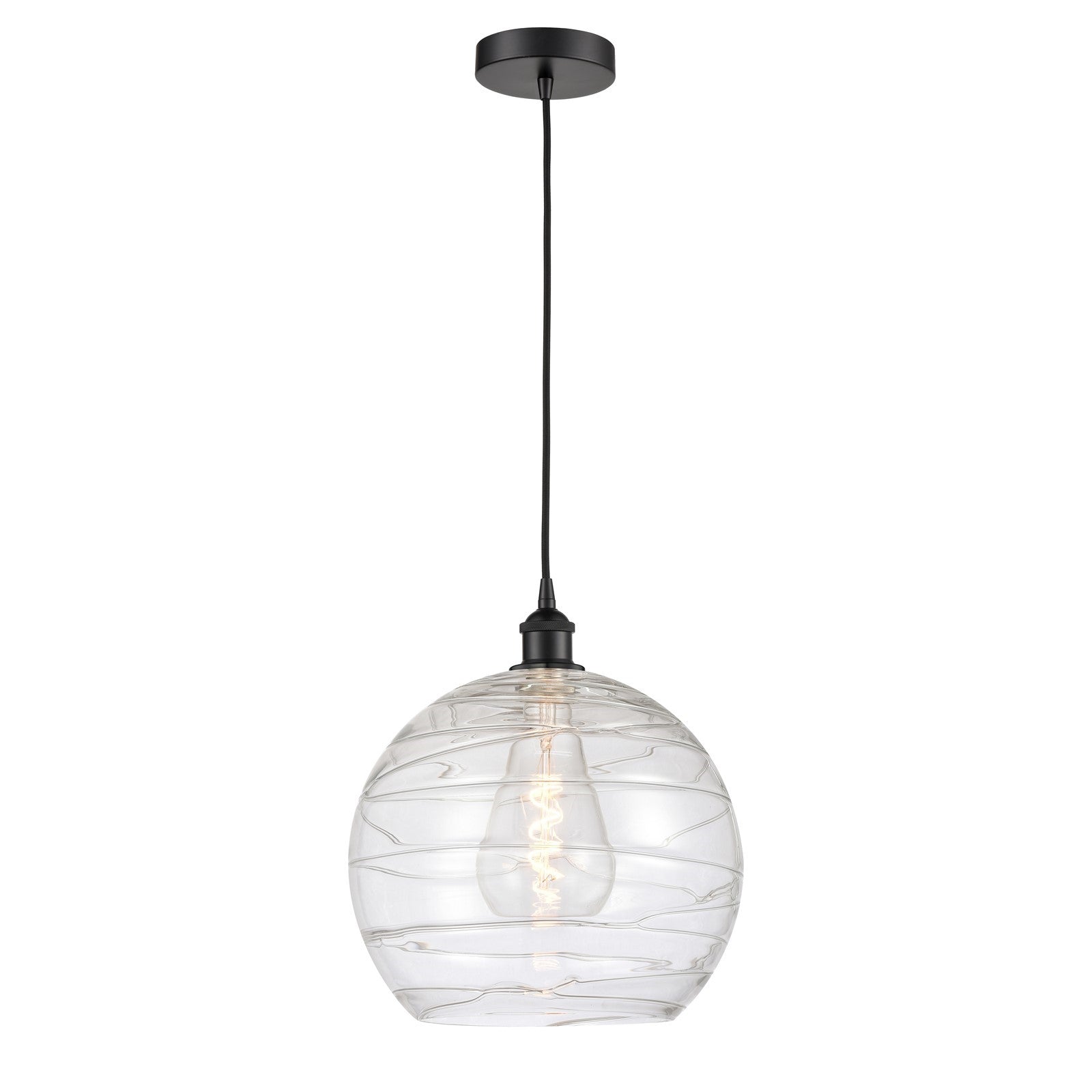 Innovations Athens Deco Swirl 14in 1-Light Mini Pendant | Industrial Matte Black Steel and Clear Deco Swirl Glass | Kitchen | Model 616-1P-BK-G1213-14CL