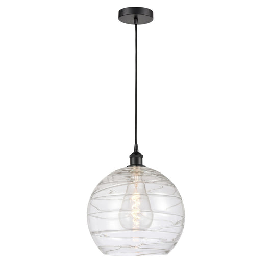 Innovations Athens Deco Swirl 14in 1-Light Mini Pendant | Industrial Matte Black Steel and Clear Deco Swirl Glass | Kitchen | Model 616-1P-BK-G1213-14CL