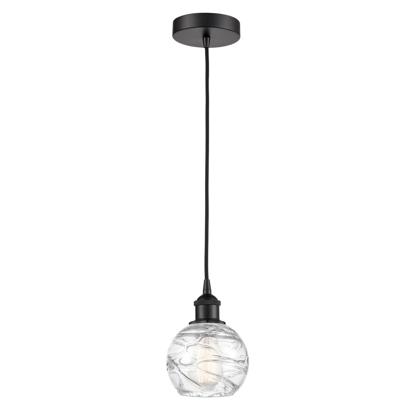 Innovations Athens Deco Swirl 6in 1-Light Mini Pendant | Industrial Matte Black Steel and Clear Deco Swirl Glass | Kitchen | Model 616-1P-BK-G1213-6CL