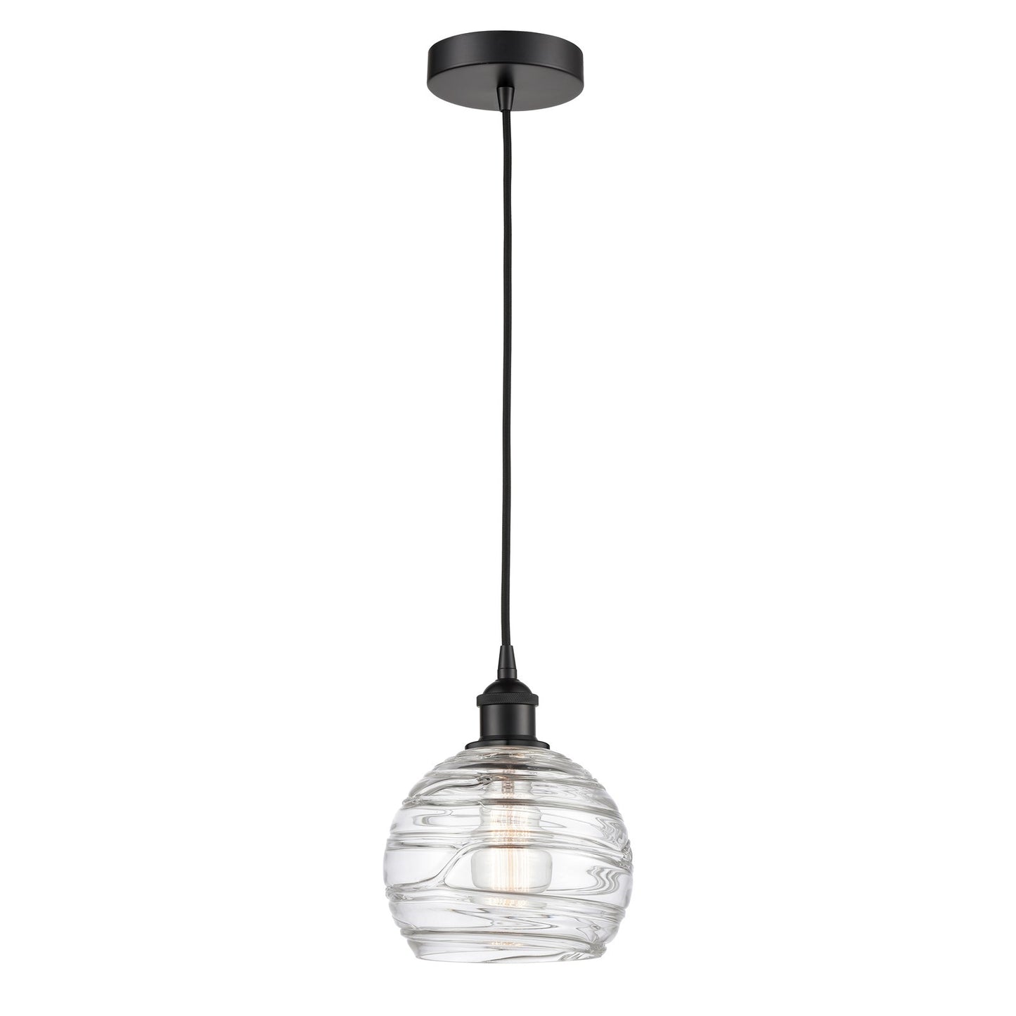 Innovations Athens Deco Swirl 8in 1-Light Mini Pendant | Industrial Matte Black Steel and Clear Glass | Kitchen Island & | Model 616-1P-BK-G1213-8CL