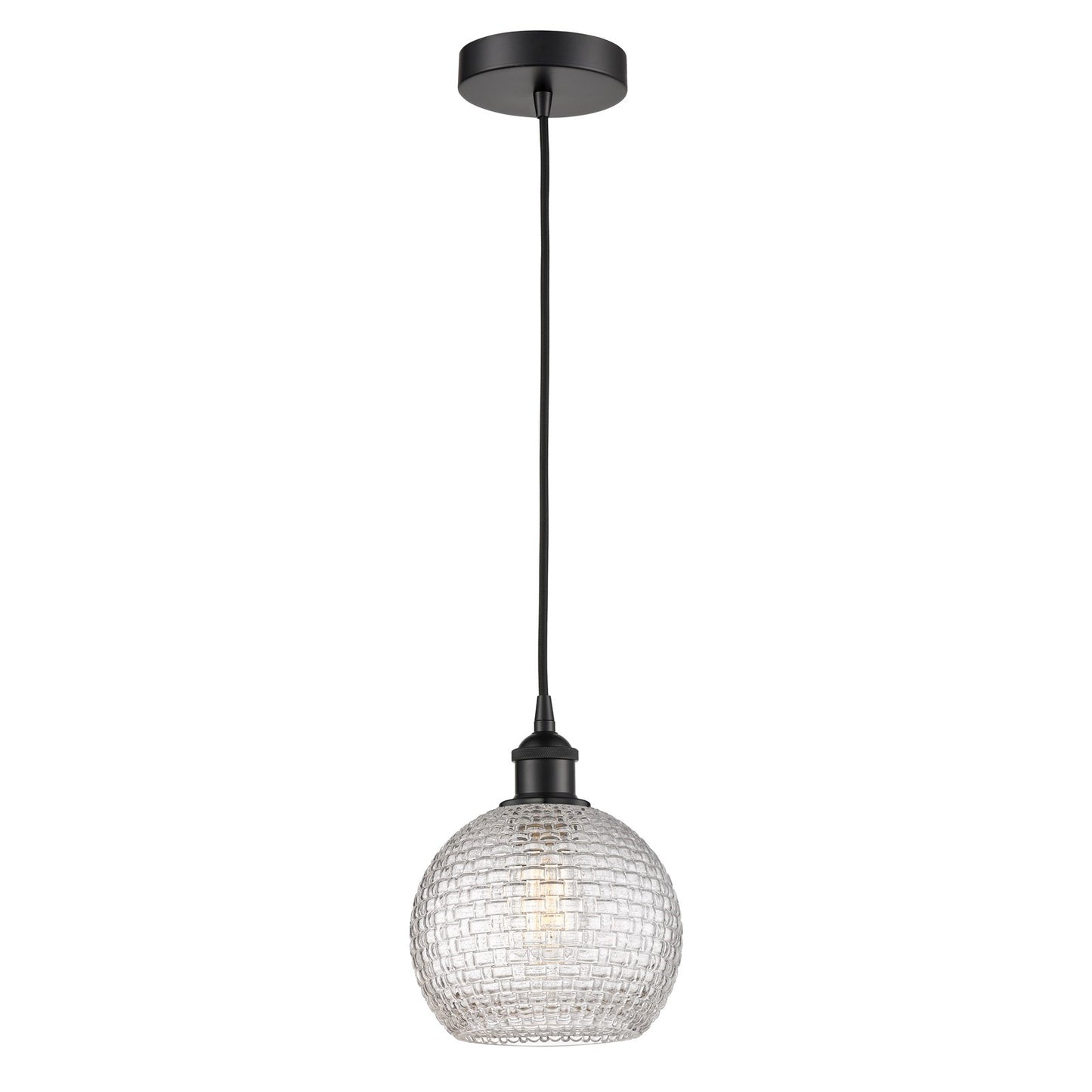 Innovations Athens 8in 1-Light Mini Pendant | Modern Contempo Farmhouse Matte Black Steel and Clear Basket Weave Glass | Model 616-1P-BK-G122C-8CL