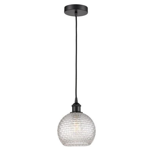 Innovations Athens 8in 1-Light Mini Pendant | Modern Contempo Farmhouse Matte Black Steel and Clear Basket Weave Glass | Model 616-1P-BK-G122C-8CL