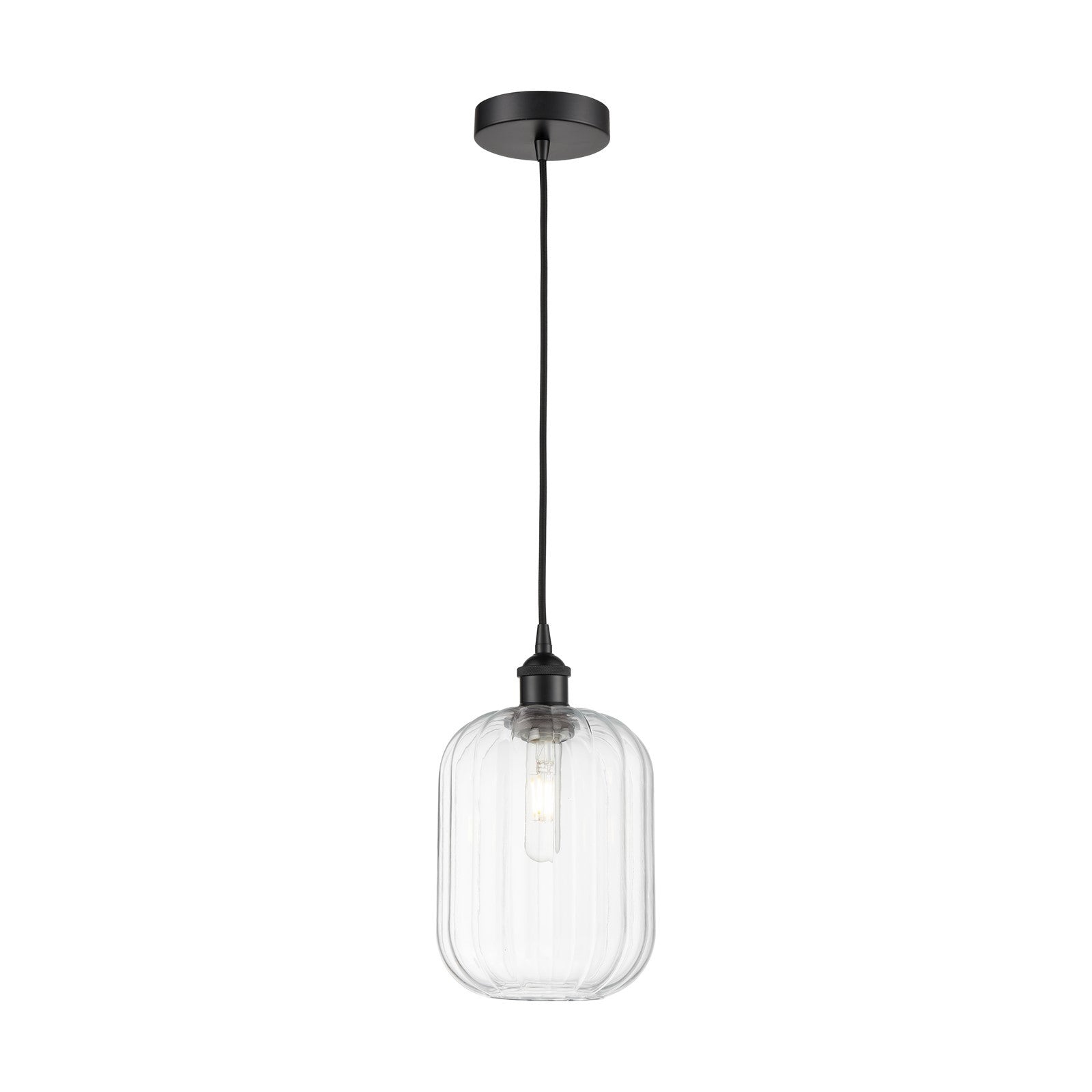 Innovations Preston Cylinder 7in 1-Light Mini Pendant | Industrial Matte Black Steel and Clear Glass | Kitchen Island & Dining | Model 616-1P-BK-G460-7CL