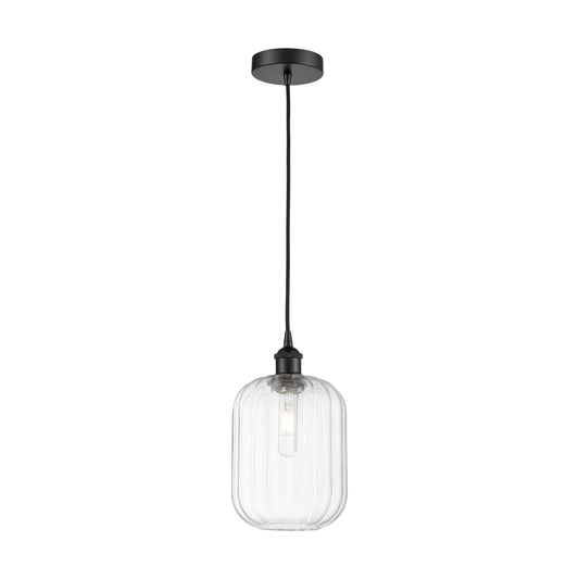 Innovations Preston Cylinder 7in 1-Light Mini Pendant | Industrial Matte Black Steel and Clear Glass | Kitchen Island & Dining | Model 616-1P-BK-G460-7CL