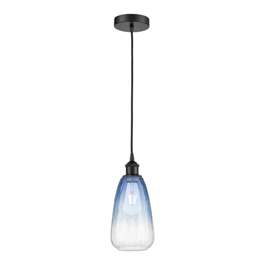 Innovations Brookhaven Almond 6in 1-Light Mini Pendant | Industrial Matte Black Steel and Sapphire Blue Glass | Kitchen Island | Model 616-1P-BK-G480-6SB