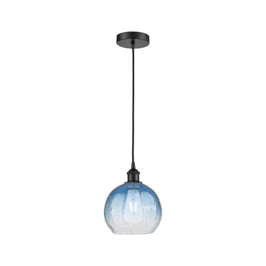 Innovations Brookhaven Globe 8in 1-Light Mini Pendant | Industrial Matte Black Steel and Sapphire Blue Glass | Kitchen Island | Model 616-1P-BK-G483-8SB