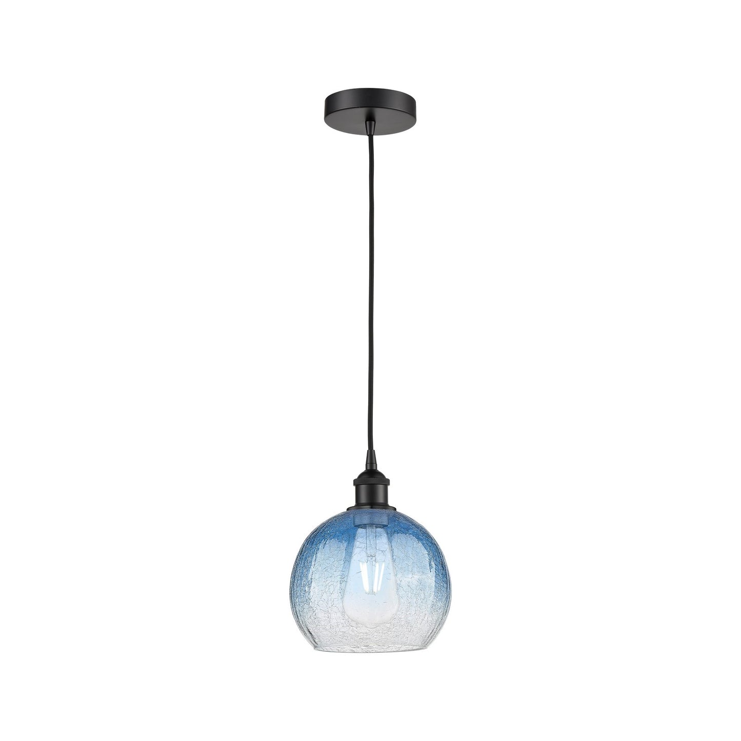 Innovations Brookhaven Globe 8in 1-Light Mini Pendant | Industrial Matte Black Steel and Sapphire Blue Glass | Kitchen Island | Model 616-1P-BK-G483-8SB