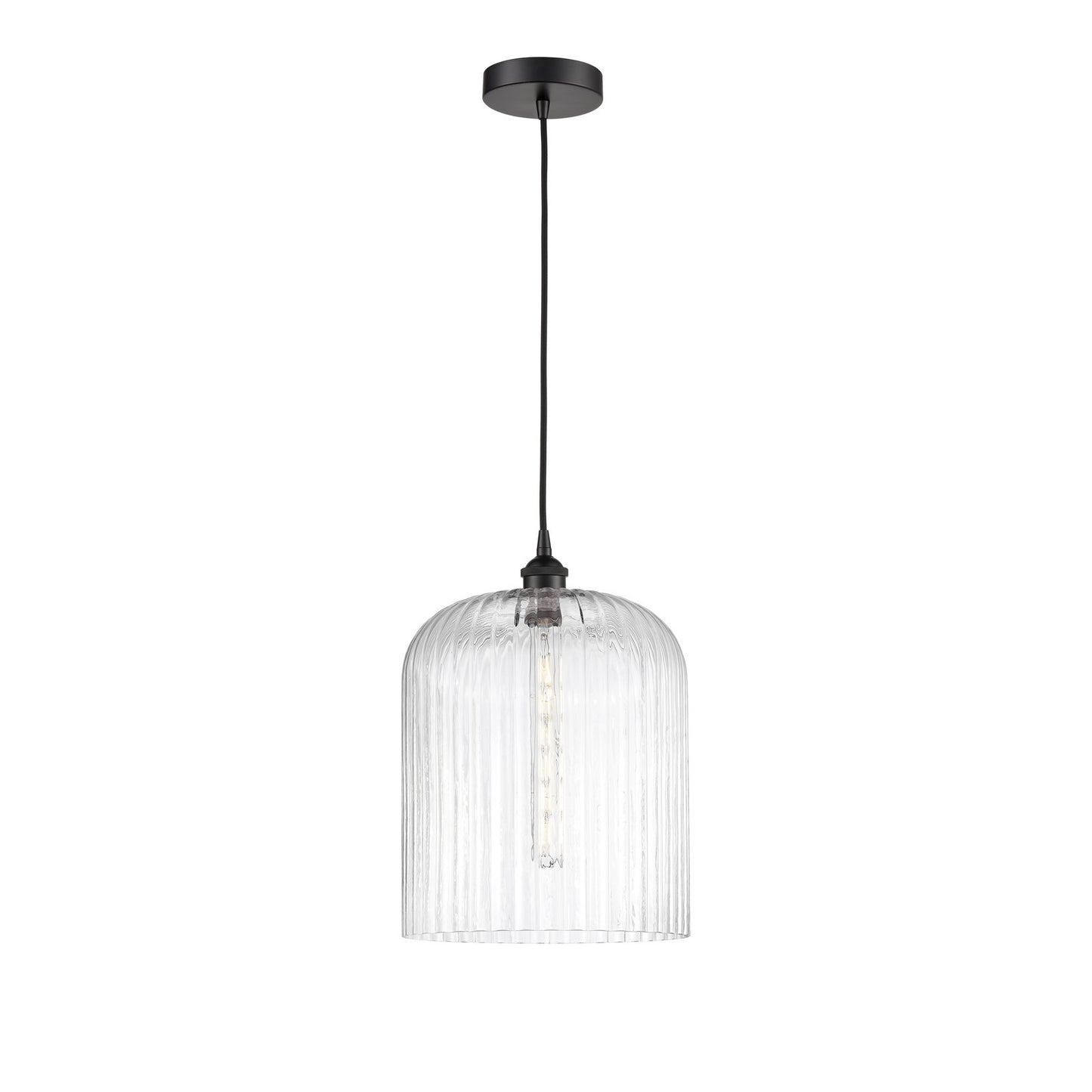 Innovations Bridal Veil 5in 1-Light Mini Pendant | Industrial Matte Black Steel and Clear Ribbed Glass | Kitchen Island & | Model 616-1P-BK-G559-12CL