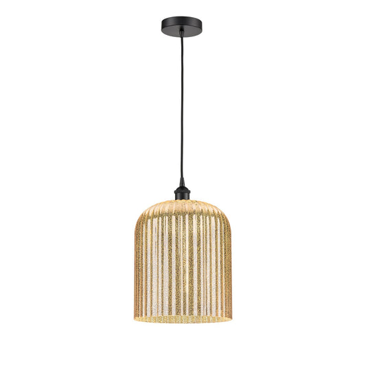 Innovations Bridal Veil 5in 1-Light Mini Pendant | Industrial Matte Black Steel and Mercury Ribbed Glass | Kitchen Island & | Model 616-1P-BK-G559-12ME