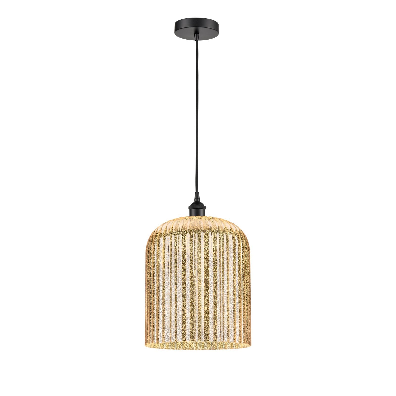 Innovations Bridal Veil 5in 1-Light Mini Pendant | Industrial Matte Black Steel and Mercury Ribbed Glass | Kitchen Island & | Model 616-1P-BK-G559-12ME