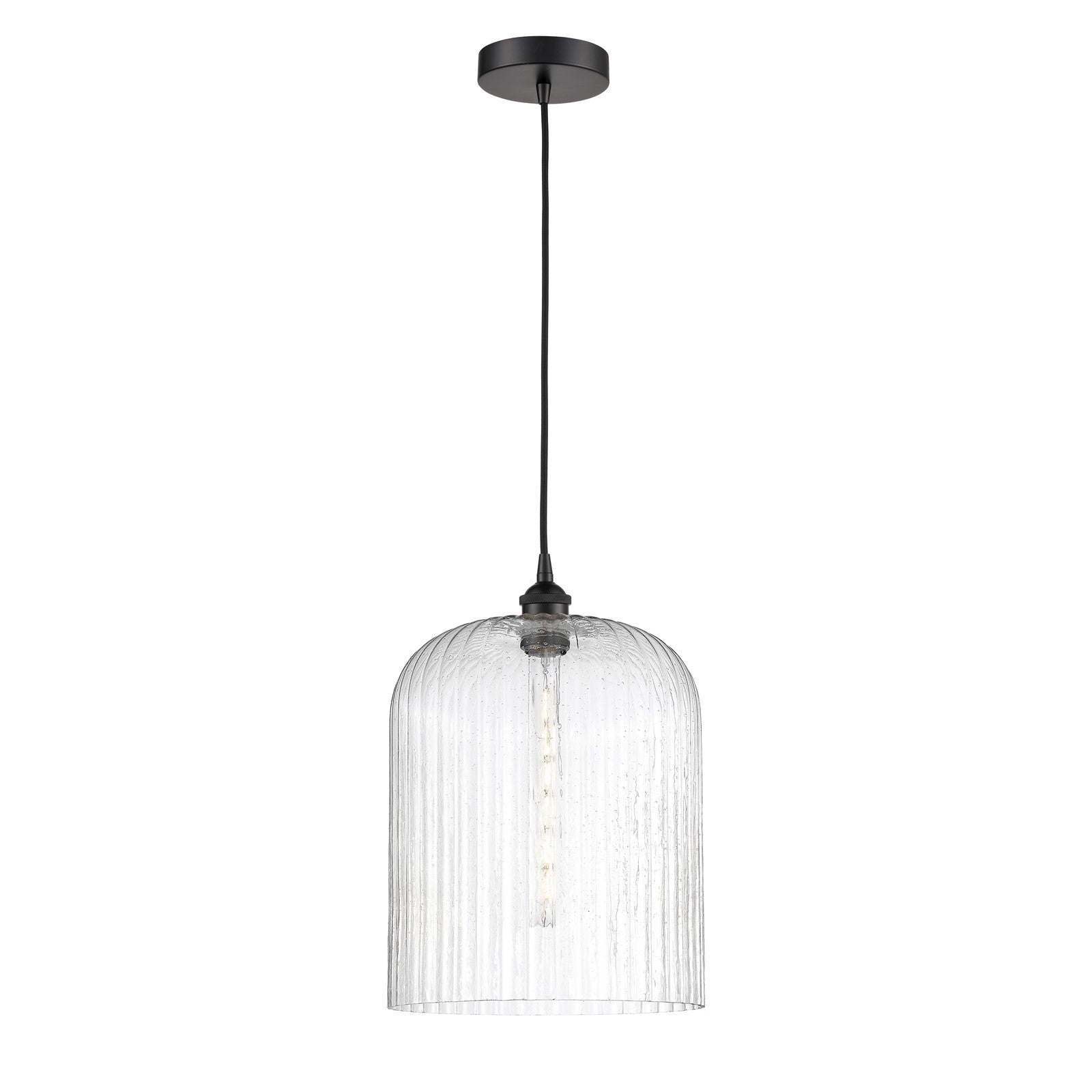 Innovations Bridal Veil 5in 1-Light Mini Pendant | Industrial Matte Black Steel and Seedy Ribbed Glass | Kitchen Island & | Model 616-1P-BK-G559-12SDY